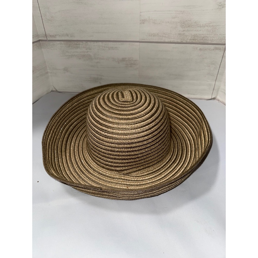 Vintage Betmar‎ New York Womens Sun Hat Gold Brown Metallic Woven Wide Brim 8182